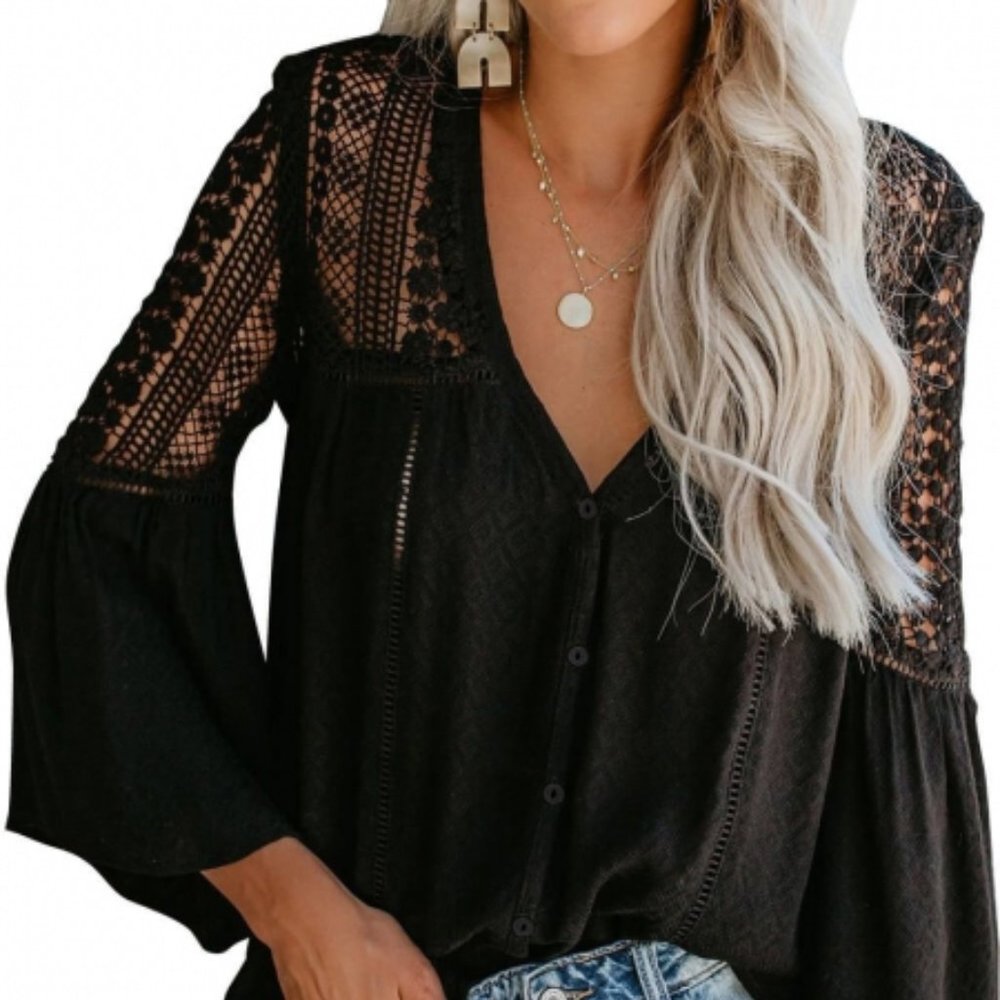 Peasant Black Boho Bell Sleeve Top
